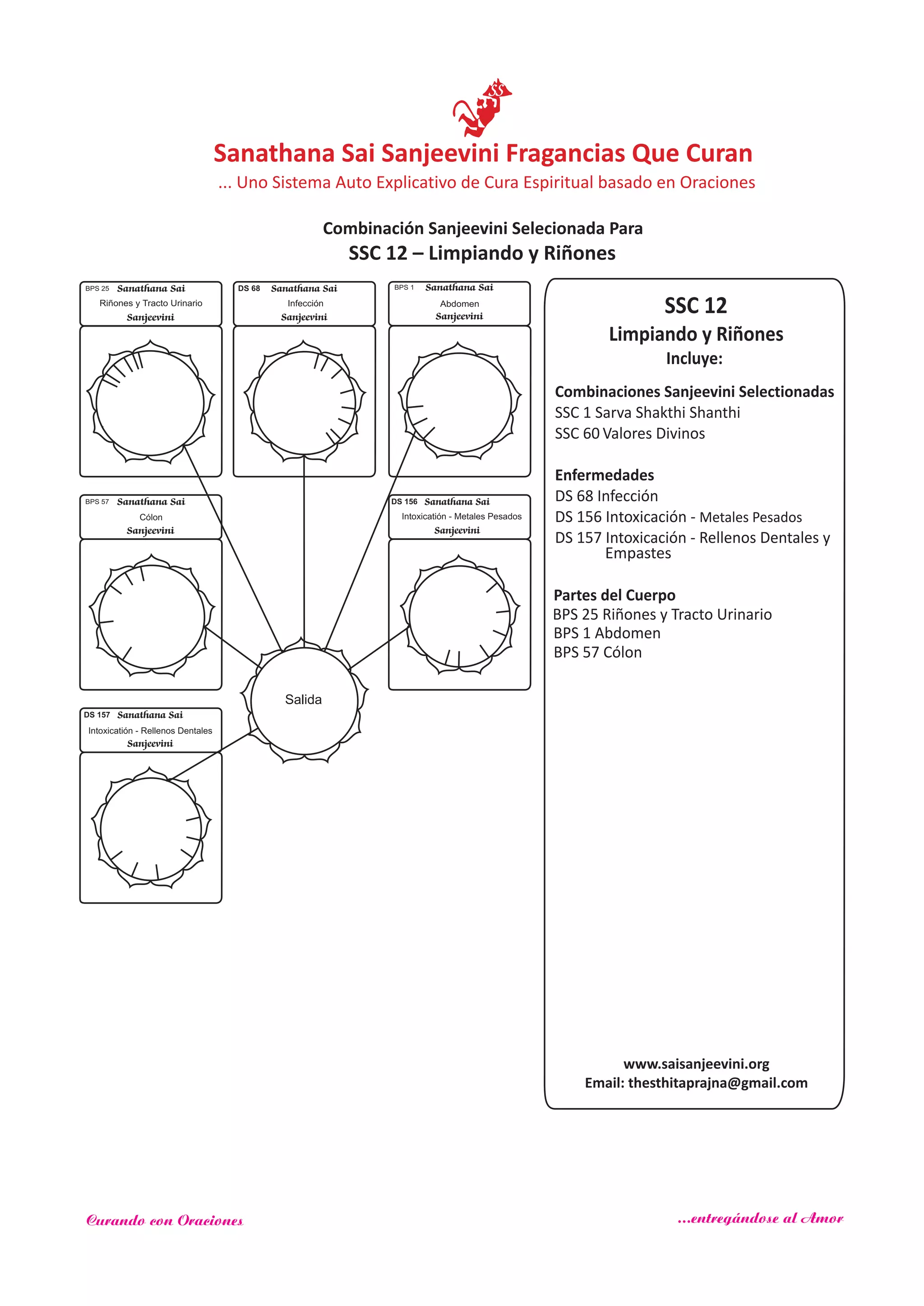 SSC 12
Limpiando y Riñones
Incluye:
Combinaciones Sanjeevini Selectionadas
SSC 1 Sarva Shakthi Shanthi
SSC 60
Enfermedades
Partes del Cuerpo
Valores Divinos
DS 68 Infección
DS 156 Intoxicación - Metales Pesados
DS 157 Intoxicación - Rellenos Dentales y
BPS 25 Riñones y Tracto Urinario
BPS 1 Abdomen
BPS 57 Cólon
Sanathana Sai
Sanjeevini
BPS 25
Riñones y Tracto Urinario
DS 68 Sanathana Sai
Sanjeevini
Infección Abdomen
Sanathana Sai
Sanjeevini
BPS 1
Sanathana Sai
Sanjeevini
BPS 57 DS 156 Sanathana Sai
Sanjeevini
Intoxicatión - Metales Pesados
DS 157 Sanathana Sai
Sanjeevini
Salida
SSC 12 – Limpiando y Riñones
www.saisanjeevini.org
Email: thesthitaprajna@gmail.com
Empastes
Intoxicatión - Rellenos Dentales
Cólon
Sanathana Sai Sanjeevini Fragancias Que Curan
Combinación Sanjeevini Selecionada Para
... Uno Sistema Auto Explicativo de Cura Espiritual basado en Oraciones
Curando con Oraciones ...entregándose al Amor
 