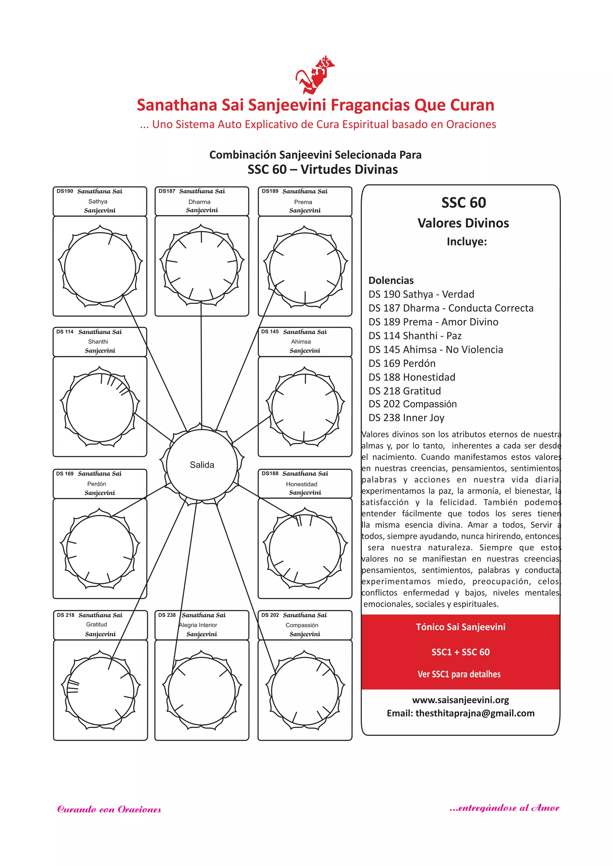 SSC 60
Incluye:
Valores Divinos
Salida
DS 169 Sanathana Sai
Sanjeevini
Perdón
DS 145 Sanathana Sai
Sanjeevini
Ahimsa
DS 114 Sanathana Sai
Sanjeevini
Shanthi
Sanathana Sai
Sanjeevini
DS187
Dharma
Sanathana Sai
Sanjeevini
DS190
Sathya
Sanathana Sai
Sanjeevini
DS189
Prema
DS188 Sanathana Sai
Sanjeevini
Honestidad
Dolencias
DS 190 Sathya - Verdad
DS 187 Dharma - Conducta Correcta
DS 189 Prema - Amor Divino
DS 114 Shanthi - Paz
DS 145 Ahimsa - No Violencia
DS 169 Perdón
DS 188 Honestidad
DS 218 Gratitud
DS 202 Compassión
DS 238 Inner Joy
SSC 60 – Virtudes Divinas
Sanathana Sai
Sanjeevini
Gratitud
DS 218 Sanathana Sai
Sanjeevini
Alegria Interior
DS 238 Sanathana Sai
Sanjeevini
Compassión
DS 202
www.saisanjeevini.org
Email: thesthitaprajna@gmail.com
Tónico Sai Sanjeevini
SSC1 + SSC 60
Ver SSC1 para detalhes
Valores divinos son los atributos eternos de nuestra
almas y, por lo tanto, inherentes a cada ser desde
el nacimiento. Cuando manifestamos estos valores
en nuestras creencias, pensamientos, sentimientos,
palabras y acciones en nuestra vida diaria,
experimentamos la paz, la armonía, el bienestar, la
satisfacción y la felicidad. También podemos
entender fácilmente que todos los seres tienen
lla misma esencia divina. Amar a todos, Servir a
todos, siempre ayudando, nunca hirirendo, entonces,
sera nuestra naturaleza. Siempre que estos
valores no se manifiestan en nuestras creencias,
pensamientos, sentimientos, palabras y conducta,
experimentamos miedo, preocupación, celos,
conflictos enfermedad y bajos, niveles mentales,
emocionales, sociales y espirituales.
Sanathana Sai Sanjeevini Fragancias Que Curan
Combinación Sanjeevini Selecionada Para
... Uno Sistema Auto Explicativo de Cura Espiritual basado en Oraciones
Curando con Oraciones ...entregándose al Amor
 