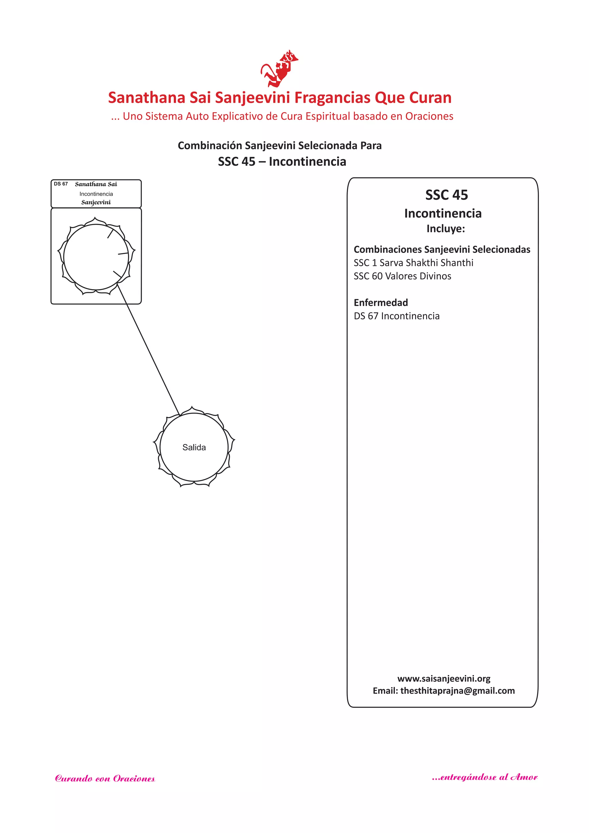 DS 67 Sanathana Sai
Sanjeevini
Incontinencia
SSC 45
Incluye:
Incontinencia
Combinaciones Sanjeevini Selecionadas
SSC 1 Sarva Shakthi Shanthi
SSC 60
Enfermedad
Valores Divinos
DS 67 Incontinencia
Salida
SSC 45 – Incontinencia
www.saisanjeevini.org
Email: thesthitaprajna@gmail.com
Sanathana Sai Sanjeevini Fragancias Que Curan
Combinación Sanjeevini Selecionada Para
... Uno Sistema Auto Explicativo de Cura Espiritual basado en Oraciones
Curando con Oraciones ...entregándose al Amor
 