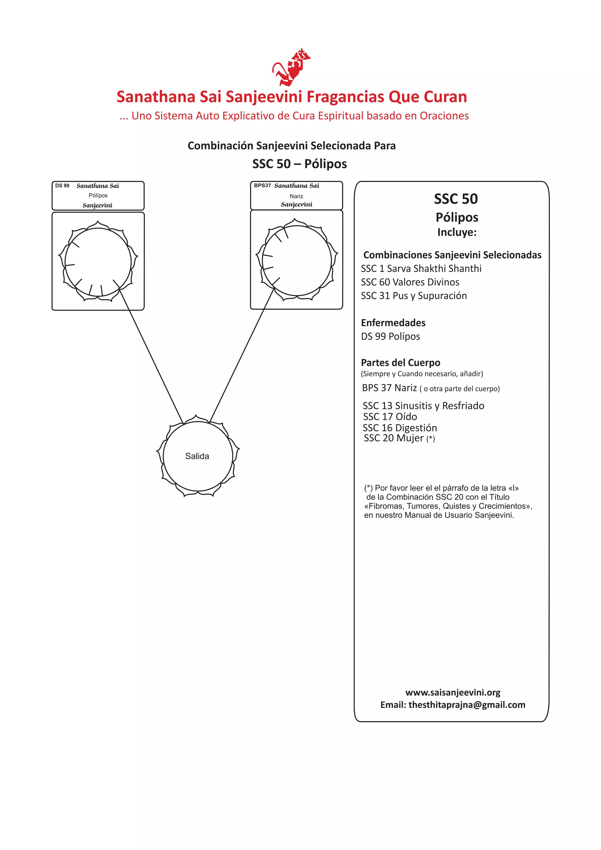 SSC 50
Incluye:
Pólipos
Combinaciones Sanjeevini Selecionadas
SSC 1 Sarva Shakthi Shanthi
SSC 60
SSC 31
Enfermedades
Valores Divinos
Pus y Supuración
DS 99 Polípos
Partes del Cuerpo
BPS 37 Nariz ( o otra parte del cuerpo)
Salida
DS 99 Sanathana Sai
Sanjeevini
Pólípos
SSC 50 – Pólipos
www.saisanjeevini.org
Email: thesthitaprajna@gmail.com
Sanathana Sai
Sanjeevini
BPS37
Nariz
(Siempre y Cuando necesario, añadir)
SSC 13 Sinusitis y Resfriado
SSC 17 Oído
SSC 16 Digestión
SSC 20 Mujer (*)
Sanathana Sai Sanjeevini Fragancias Que Curan
Combinación Sanjeevini Selecionada Para
... Uno Sistema Auto Explicativo de Cura Espiritual basado en Oraciones
(*) Por favor leer el el párrafo de la letra «l»
de la Combinación SSC 20 con el Título
«Fibromas, Tumores, Quistes y Crecimientos»,
en nuestro Manual de Usuario Sanjeevini.
 