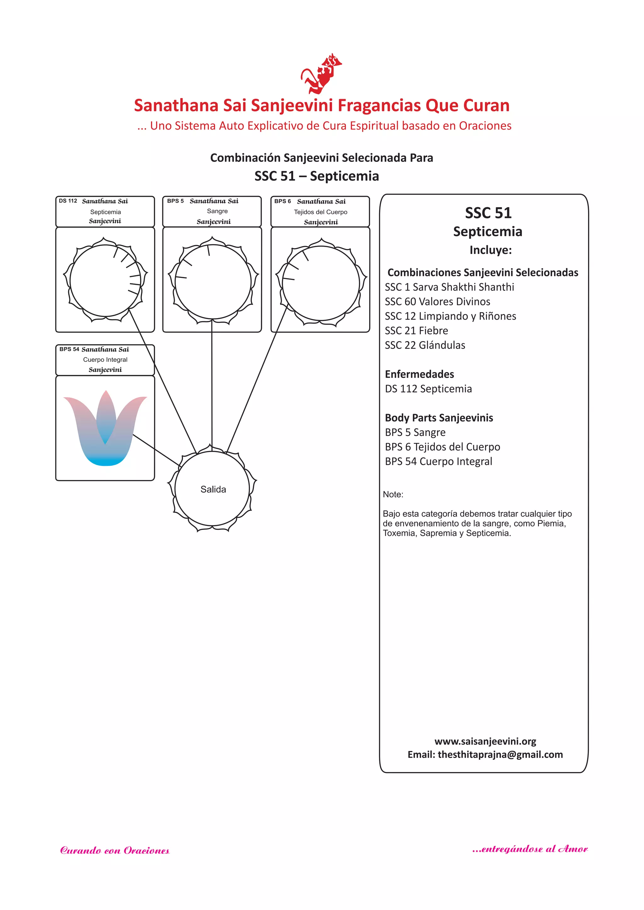 SSC 51
Incluye:
Septicemia
Combinaciones Sanjeevini Selecionadas
SSC 1 Sarva Shakthi Shanthi
SSC 60
SSC 12
Enfermedades
Body Parts Sanjeevinis
Valores Divinos
Limpiando y Riñones
SSC 21 Fiebre
SSC 22 Glándulas
DS 112 Septicemia
BPS 5 Sangre
BPS 6 Tejidos del Cuerpo
BPS 54 Cuerpo Integral
Salida
Sanathana Sai
Sanjeevini
BPS 6
Tejidos del Cuerpo
Sanathana Sai
Sanjeevini
BPS 5
Sangre
DS 112 Sanathana Sai
Sanjeevini
Septicemia
Sanathana Sai
Sanjeevini
BPS 54
Cuerpo Integral
SSC 51 – Septicemia
www.saisanjeevini.org
Email: thesthitaprajna@gmail.com
Note:
Bajo esta categoría debemos tratar cualquier tipo
de envenenamiento de la sangre, como Piemia,
Toxemia, Sapremia y Septicemia.
Sanathana Sai Sanjeevini Fragancias Que Curan
Combinación Sanjeevini Selecionada Para
... Uno Sistema Auto Explicativo de Cura Espiritual basado en Oraciones
Curando con Oraciones ...entregándose al Amor
 