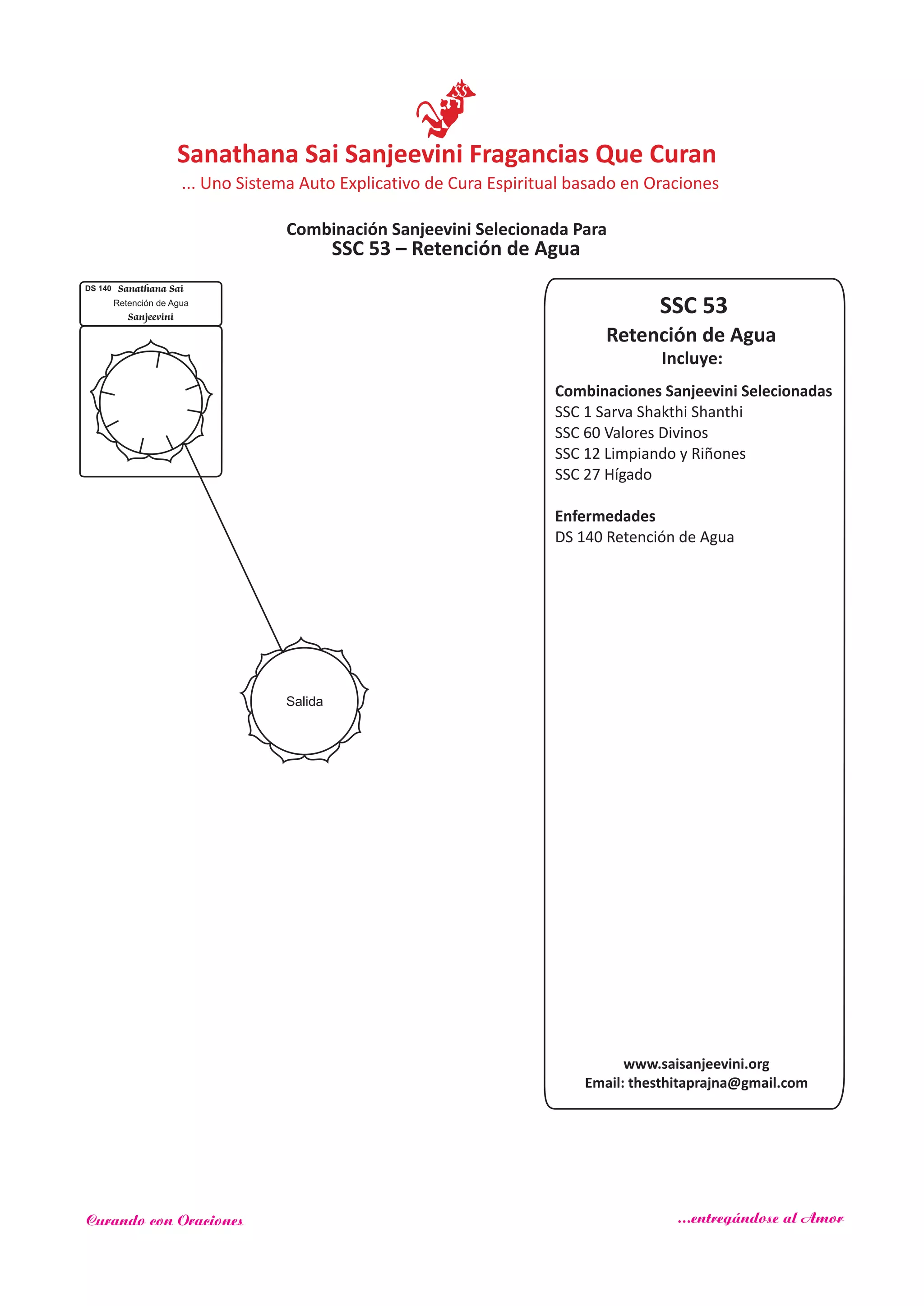 SSC 53
Incluye:
Retención de Agua
Combinaciones Sanjeevini Selecionadas
SSC 1 Sarva Shakthi Shanthi
SSC 60 Valores Divinos
SSC 12
Enfermedades
Limpiando y Riñones
SSC 27 Hígado
DS 140 Retención de Agua
Salida
Sanathana Sai
Sanjeevini
Retención de Agua
DS 140
SSC 53 – Retención de Agua
www.saisanjeevini.org
Email: thesthitaprajna@gmail.com
Sanathana Sai Sanjeevini Fragancias Que Curan
Combinación Sanjeevini Selecionada Para
... Uno Sistema Auto Explicativo de Cura Espiritual basado en Oraciones
Curando con Oraciones ...entregándose al Amor
 