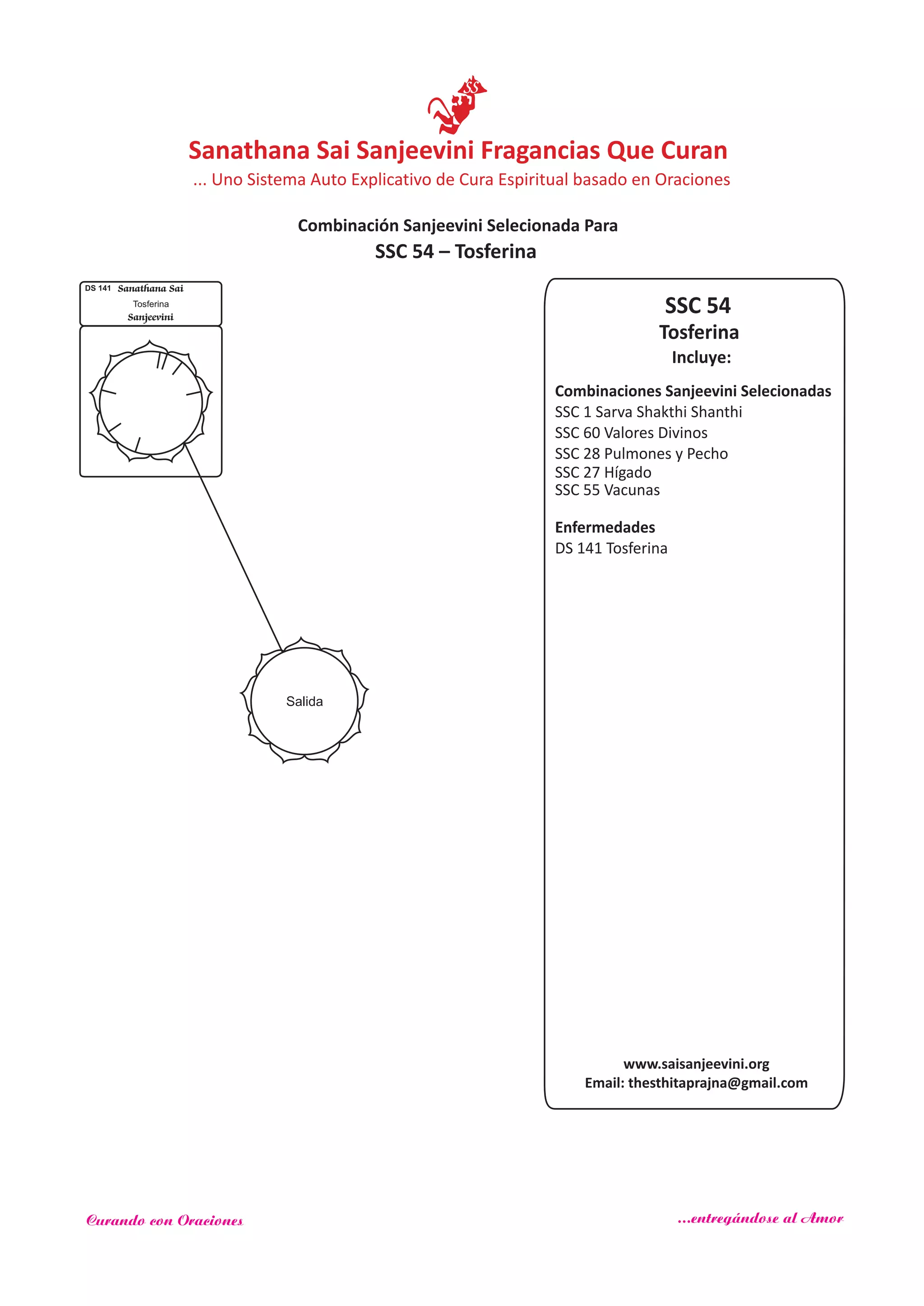 SSC 54
Incluye:
Tosferina
Combinaciones Sanjeevini Selecionadas
SSC 1 Sarva Shakthi Shanthi
SSC 60
Enfermedades
Valores Divinos
SSC 28 Pulmones y Pecho
SSC 27 Hígado
SSC 55 Vacunas
DS 141 Tosferina
Salida
DS 141 Sanathana Sai
Sanjeevini
Tosferina
SSC 54 – Tosferina
www.saisanjeevini.org
Email: thesthitaprajna@gmail.com
Sanathana Sai Sanjeevini Fragancias Que Curan
Combinación Sanjeevini Selecionada Para
... Uno Sistema Auto Explicativo de Cura Espiritual basado en Oraciones
Curando con Oraciones ...entregándose al Amor
 