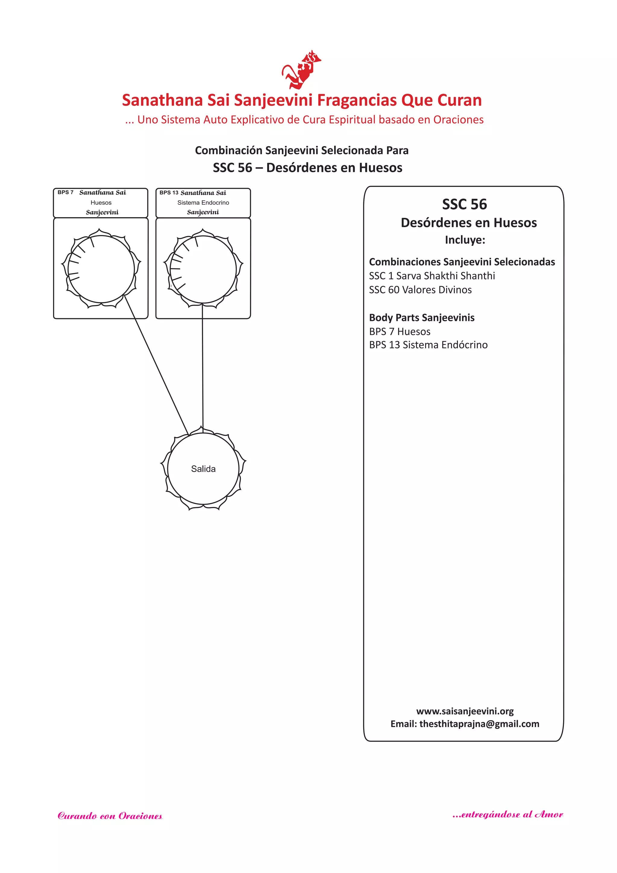 SSC 56
Incluye:
Desórdenes en Huesos
Combinaciones Sanjeevini Selecionadas
SSC 1 Sarva Shakthi Shanthi
SSC 60
Body Parts Sanjeevinis
Valores Divinos
BPS 7 Huesos
BPS 13 Sistema Endócrino
Salida
Sanathana Sai
Sanjeevini
BPS 7
Huesos
Sanathana Sai
Sanjeevini
BPS 13
Sistema Endocrino
SSC 56 – Desórdenes en Huesos
www.saisanjeevini.org
Email: thesthitaprajna@gmail.com
Sanathana Sai Sanjeevini Fragancias Que Curan
Combinación Sanjeevini Selecionada Para
... Uno Sistema Auto Explicativo de Cura Espiritual basado en Oraciones
Curando con Oraciones ...entregándose al Amor
 