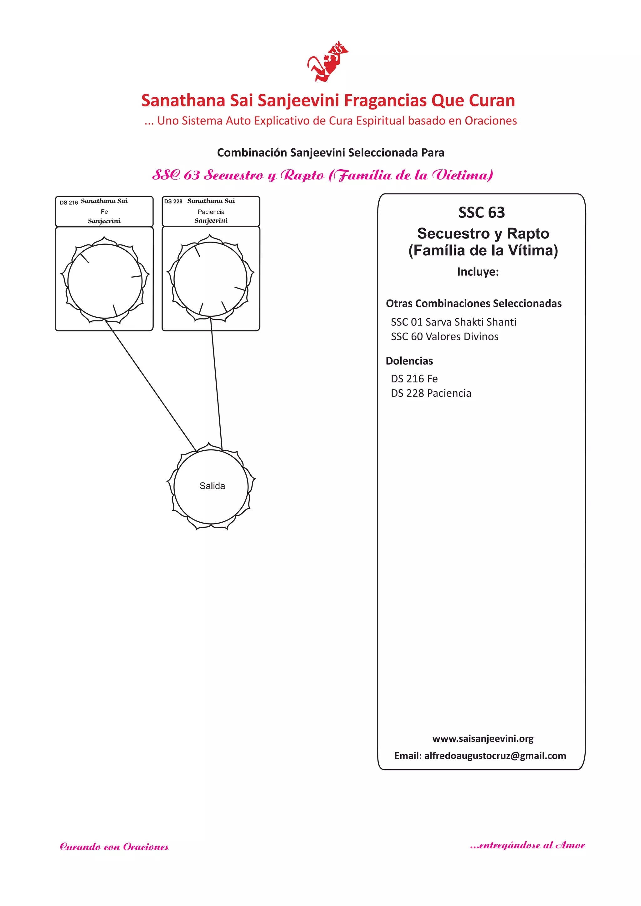 SSC 63
Incluye:
Salida
Sanathana Sai
Sanjeevini
Sanathana Sai
Sanjeevini
Dolencias
SSC 63 Secuestro y Rapto (Família de la Víctima)
www.saisanjeevini.org
Email: alfredoaugustocruz@gmail.com
Otras Combinaciones Seleccionadas
SSC 01 Sarva Shakti Shanti
SSC 60 Valores Divinos
DS 216 Fe
DS 228 Paciencia
Paciencia
DS 228
Fe
DS 216
Secuestro y Rapto
(Família de la Vítima)
Sanathana Sai Sanjeevini Fragancias Que Curan
... Uno Sistema Auto Explicativo de Cura Espiritual basado en Oraciones
Combinación Sanjeevini Seleccionada Para
Curando con Oraciones ...entregándose al Amor
 