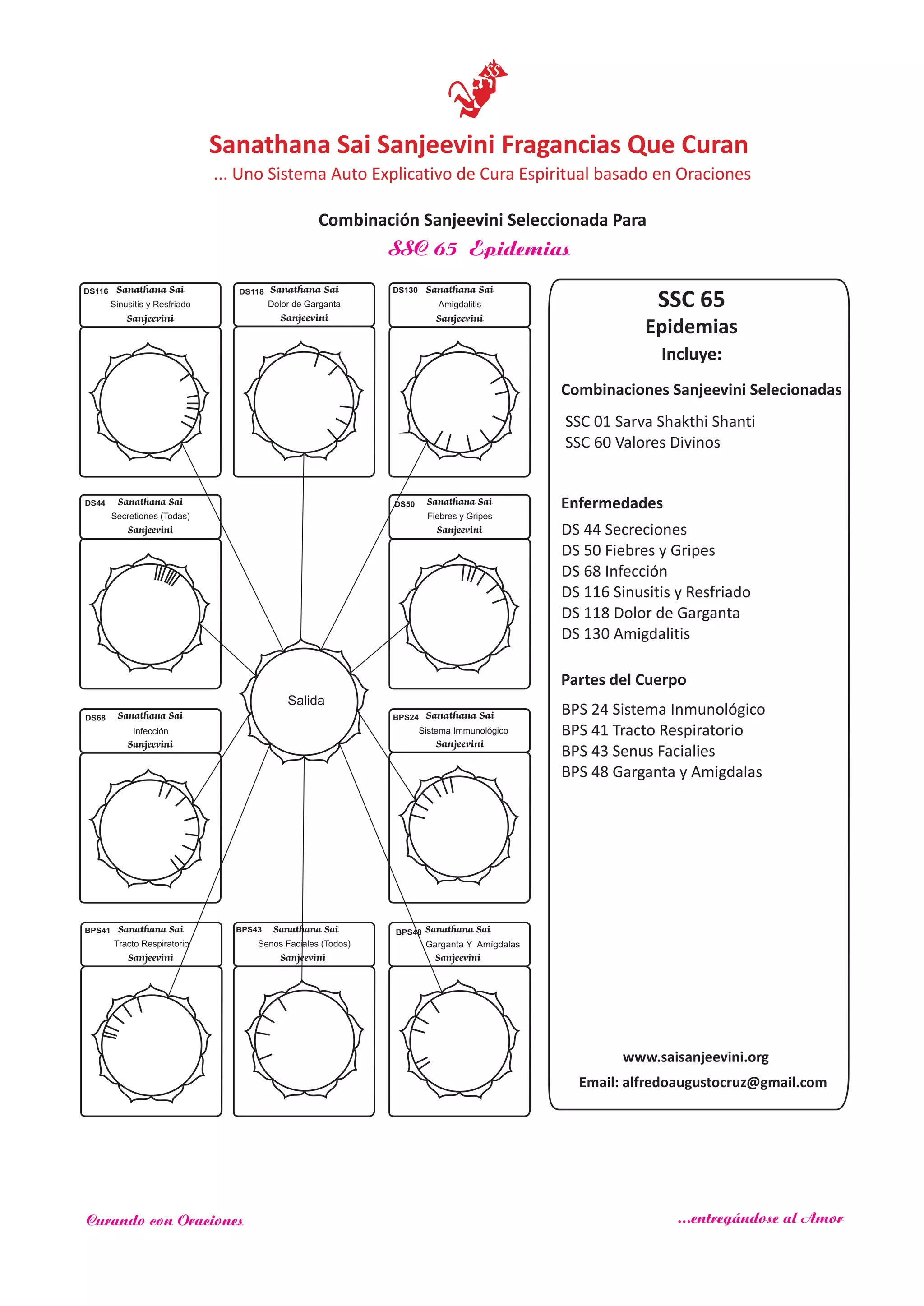 Incluye:
Salida
Enfermedades
SSC 65 Epidemias
www.saisanjeevini.org
Email: alfredoaugustocruz@gmail.com
Partes del Cuerpo
Combinaciones Sanjeevini Selecionadas
SSC 65
Epidemias
Sanathana Sai
Sanjeevini
DS116
Sinusitis y Resfriado
Sanathana Sai
Sanjeevini
DS118
Dolor de Garganta
Sanathana Sai
Sanjeevini
DS130
Amigdalitis
Sanathana Sai
Sanjeevini
DS44
Secretiones (Todas)
Sanathana Sai
Sanjeevini
DS50
Fiebres y Gripes
Sanathana Sai
Sanjeevini
DS68
Infección
Sanathana Sai
Sanjeevini
Sistema Immunológico
BPS24
Sanathana Sai
Sanjeevini
Tracto Respiratorio
BPS41 Sanathana Sai
Sanjeevini
Senos Faciales (Todos)
BPS43 Sanathana Sai
Sanjeevini
Garganta Y Amígdalas
BPS48
Sanathana Sai Sanjeevini Fragancias Que Curan
... Uno Sistema Auto Explicativo de Cura Espiritual basado en Oraciones
Combinación Sanjeevini Seleccionada Para
Curando con Oraciones ...entregándose al Amor
DS 44 Secreciones
DS 50 Fiebres y Gripes
DS 68 Infección
DS 116 Sinusitis y Resfriado
DS 118 Dolor de Garganta
DS 130 Amigdalitis
BPS 24 Sistema Inmunológico
BPS 41 Tracto Respiratorio
BPS 43 Senus Facialies
BPS 48 Garganta y Amigdalas
SSC 01 Sarva Shakthi Shanti
SSC 60 Valores Divinos
 