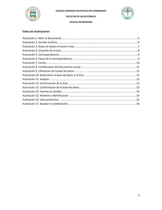 ESCUELA SUPERIOR POLITECNICA DE CHIMBORAZO
FACULTAD DE SALUD PÚBLICA
ESCUELA DE MEDICINA

Índice de Ilustraciones
Ilustración 1. Abrir el documento .......................................................................................................5
Ilustración 2. Escribir el oficio ............................................................................................................6
Ilustración 3. Bases de datos en excel o lista ......................................................................................7
Ilustración 4. Creación de la lista ........................................................................................................8
Ilustración 5. Correspondencia...........................................................................................................9
Ilustración 6. Pasos de la correspondencia ........................................................................................9
Ilustración 7. Cartas ..........................................................................................................................10
Ilustración 8. Combinación del documento actual ...........................................................................11
Ilustración 9. Utilizacion de la base de datos ...................................................................................11
Ilustración 10. Seleccionar la base de datos o la lista .......................................................................12
Ilustración 11. Aceptar .....................................................................................................................12
Ilustración 12. Confirmación de la lista ............................................................................................13
Ilustración 13. Confirmacion de la base de datos .............................................................................13
Ilustración 14. Insertar el nombre ....................................................................................................14
Ilustración 15. Nombre e identificación ...........................................................................................14
Ilustración 16. Vista preliminar ........................................................................................................15
Ilustración 17. Aceptar la combinación ............................................................................................16

3

 