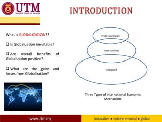 What is GLOBALIZATION??

Proto-worldwide

 Is Globalization inevitable?
 Are overall benefits
Globalization positive?

Inter-national

of

 What are the gains and
losses from Globalization?

Globalized

Three Types of International Economic
Mechanism

 