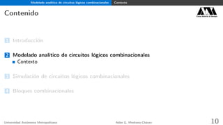 Modelado analítico de circuitos lógicos combinacionales Contexto
Contenido Casa abierta al tiempo
1 Introducción
2 Modelado analítico de circuitos lógicos combinacionales
Contexto
3 Simulación de circuitos lógicos combinacionales
4 Bloques combinacionales
Universidad Autónoma Metropolitana Adán G. Medrano-Chávez 10
 