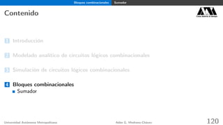Bloques combinacionales Sumador
Contenido Casa abierta al tiempo
1 Introducción
2 Modelado analítico de circuitos lógicos combinacionales
3 Simulación de circuitos lógicos combinacionales
4 Bloques combinacionales
Sumador
Universidad Autónoma Metropolitana Adán G. Medrano-Chávez 120
 