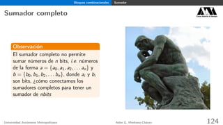 Bloques combinacionales Sumador
Sumador completo Casa abierta al tiempo
Observación
El sumador completo no permite
sumar números de n bits, i.e. números
de la forma a = {a0, a1, a2, . . . an} y
b = {b0, b1, b2, . . . bn}, donde ai y bi
son bits, ¿cómo conectamos los
sumadores completos para tener un
sumador de nbits
Universidad Autónoma Metropolitana Adán G. Medrano-Chávez 124
 