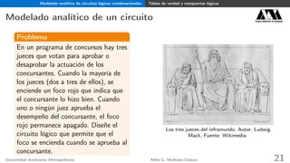 Modelado analítico de circuitos lógicos combinacionales Tablas de verdad y compuertas lógicas
Modelado analítico de un circuito Casa abierta al tiempo
Problema
En un programa de concursos hay tres
jueces que votan para aprobar o
desaprobar la actuación de los
concursantes. Cuando la mayoría de
los jueces (dos a tres de ellos), se
enciende un foco rojo que indica que
el concursante lo hizo bien. Cuando
uno o ningún juez aprueba el
desempeño del concursante, el foco
rojo permanece apagado. Diseñe el
circuito lógico que permite que el
foco se encienda cuando se aprueba al
concursante.
Los tres jueces del inframundo, Autor: Ludwig
Mack, Fuente: Wikimedia
Universidad Autónoma Metropolitana Adán G. Medrano-Chávez 21
 