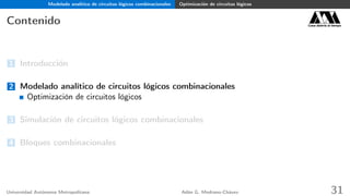 Modelado analítico de circuitos lógicos combinacionales Optimización de circuitos lógicos
Contenido Casa abierta al tiempo
1 Introducción
2 Modelado analítico de circuitos lógicos combinacionales
Optimización de circuitos lógicos
3 Simulación de circuitos lógicos combinacionales
4 Bloques combinacionales
Universidad Autónoma Metropolitana Adán G. Medrano-Chávez 31
 