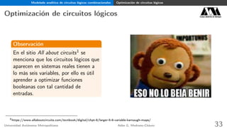 Modelado analítico de circuitos lógicos combinacionales Optimización de circuitos lógicos
Optimización de circuitos lógicos Casa abierta al tiempo
Observación
En el sitio All about circuits1 se
menciona que los circuitos lógicos que
aparecen en sistemas reales tienen a
lo más seis variables, por ello es útil
aprender a optimizar funciones
booleanas con tal cantidad de
entradas.
1
https://www.allaboutcircuits.com/textbook/digital/chpt-8/larger-5-6-variable-karnaugh-maps/
Universidad Autónoma Metropolitana Adán G. Medrano-Chávez 33
 