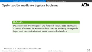 Modelado analítico de circuitos lógicos combinacionales Optimización de circuitos lógicos
Optimización mediante álgebra booleana Casa abierta al tiempo
Deﬁnición
De acuerdo con Peermingeat2: una función booleana está optimizada
«cuando el número de monomios de la suma es mínimo y, en segundo
lugar, cada monomio tienen el menor número de literales.»
2
Peermingeat, et al. «Álgebra de Boole», Vincens Vives, 1993
Universidad Autónoma Metropolitana Adán G. Medrano-Chávez 34
 