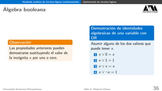 Modelado analítico de circuitos lógicos combinacionales Optimización de circuitos lógicos
Álgebra booleana Casa abierta al tiempo
Observación
Las propiedades anteriores pueden
demostrarse sustituyendo el valor de
la incógnita x por uno o cero.
Demostración de identidades
algebraicas de una variable con
OR
Asumir alguno de los dos valores que
puede tener x.
1 x ∨ 0 = x
2 x ∨ 1 = 1
3 x ∨ x = x
4 x ∨ ¬x = 1
Universidad Autónoma Metropolitana Adán G. Medrano-Chávez 36
 