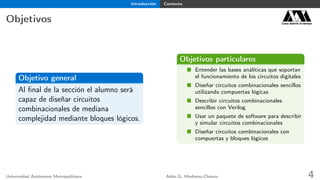 Introducción Contexto
Objetivos Casa abierta al tiempo
Objetivo general
Al ﬁnal de la sección el alumno será
capaz de diseñar circuitos
combinacionales de mediana
complejidad mediante bloques lógicos.
Objetivos particulares
Entender las bases análiticas que soportan
el funcionamiento de los circuitos digitales
Diseñar circuitos combinacionales sencillos
utilizando compuertas lógicas
Describir circuitos combinacionales
sencillos con Verilog
Usar un paquete de software para describir
y simular circuitos combinacionales
Diseñar circuitos combinacionales con
compuertas y bloques lógicos
Universidad Autónoma Metropolitana Adán G. Medrano-Chávez 4
 