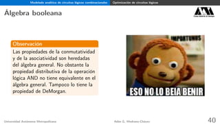 Modelado analítico de circuitos lógicos combinacionales Optimización de circuitos lógicos
Álgebra booleana Casa abierta al tiempo
Observación
Las propiedades de la conmutatividad
y de la asociatividad son heredadas
del álgebra general. No obstante la
propiedad distributiva de la operación
lógica AND no tiene equivalente en el
álgebra general. Tampoco lo tiene la
propiedad de DeMorgan.
Universidad Autónoma Metropolitana Adán G. Medrano-Chávez 40
 