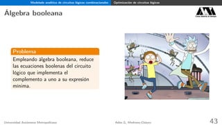 Modelado analítico de circuitos lógicos combinacionales Optimización de circuitos lógicos
Álgebra booleana Casa abierta al tiempo
Problema
Empleando álgebra booleana, reduce
las ecuaciones boolenas del circuito
lógico que implementa el
complemento a uno a su expresión
mínima.
Universidad Autónoma Metropolitana Adán G. Medrano-Chávez 43
 