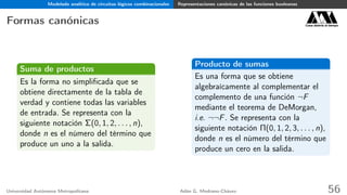 Modelado analítico de circuitos lógicos combinacionales Representaciones canónicas de las funciones booleanas
Formas canónicas Casa abierta al tiempo
Suma de productos
Es la forma no simpliﬁcada que se
obtiene directamente de la tabla de
verdad y contiene todas las variables
de entrada. Se representa con la
siguiente notación Σ(0, 1, 2, . . . , n),
donde n es el número del término que
produce un uno a la salida.
Producto de sumas
Es una forma que se obtiene
algebraícamente al complementar el
complemento de una función ¬F
mediante el teorema de DeMorgan,
i.e. ¬¬F. Se representa con la
siguiente notación Π(0, 1, 2, 3, . . . , n),
donde n es el número del término que
produce un cero en la salida.
Universidad Autónoma Metropolitana Adán G. Medrano-Chávez 56
 