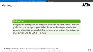 Simulación de circuitos lógicos combinacionales Contexto
Verilog Casa abierta al tiempo
Deﬁnición5
Lenguaje de descripción de hardware diseñado para ser simple, intuitivo
y efectivo que incluye la posibilidad de ser veriﬁcado por simulación,
permite el análisis temporal de los circuitos y su síntesis. Su sintaxis es
muy similar a la de C/C++ o Java.
5
«IEEE Standard Verilog Hardware Description Language», IEEE Computer Society, 2001
Universidad Autónoma Metropolitana Adán G. Medrano-Chávez 72
 