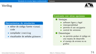 Simulación de circuitos lógicos combinacionales Contexto
Verilog Casa abierta al tiempo
Herramientas de simulación
• editor de código fuente visual
code
• compilador iverilog
• visualizador de señales gtkwave
Contraste con otras opciones
Ventajas:
software ligero y legal
interoperabilidad
permite el uso snippets
control de versiones
Desventajas:
no permite probar el código en
una tarjeta de desarrollo
el manejo de errores no es
gráﬁco
Universidad Autónoma Metropolitana Adán G. Medrano-Chávez 74
 