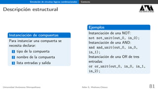 Simulación de circuitos lógicos combinacionales Contexto
Descripción estructural Casa abierta al tiempo
Instanciación de compuertas
Para instanciar una compuerta se
necesita declarar:
1 tipo de la compuerta
2 nombre de la compuerta
3 lista entradas y salida
Ejemplos
Instanciación de una NOT:
not not_unit(out_0, in_0);
Instanciación de una AND:
and and_unit(out_0, in_0,
in_1);
Instanciación de una OR de tres
entradas:
or or_unit(out_0, in_0, in_1,
in_2);
Universidad Autónoma Metropolitana Adán G. Medrano-Chávez 81
 
