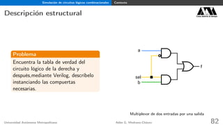 Simulación de circuitos lógicos combinacionales Contexto
Descripción estructural Casa abierta al tiempo
Problema
Encuentra la tabla de verdad del
circuito lógico de la derecha y
después,mediante Verilog, descríbelo
instanciando las compuertas
necesarias.
a
b
sel
f
Multiplexor de dos entradas por una salida
Universidad Autónoma Metropolitana Adán G. Medrano-Chávez 82
 
