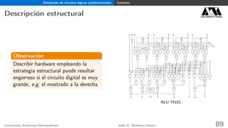 Simulación de circuitos lógicos combinacionales Contexto
Descripción estructural Casa abierta al tiempo
Observación
Describir hardware empleando la
estrategia estructural puede resultar
engorroso si el circuito digital es muy
grande, e.g. el mostrado a la derecha
ALU 74181
Universidad Autónoma Metropolitana Adán G. Medrano-Chávez 89
 