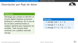 Simulación de circuitos lógicos combinacionales Descripción por ﬂujo de datos
Descripción por ﬂujo de datos Casa abierta al tiempo
Deﬁnición
Estrategia que consiste en describir un
circuito digital mediante ecuaciones
booleanas y aritméticas. En el caso de
los circuitos combinacionales se
emplean alambres para representar las
variables. Toda ecuación debe
comenzar con a palabra reservada
assign.
Ejemplos
• assign sum = a + b;
• assign f = x & y;
• assign G = x ^(x >> 1);
Universidad Autónoma Metropolitana Adán G. Medrano-Chávez 91
 