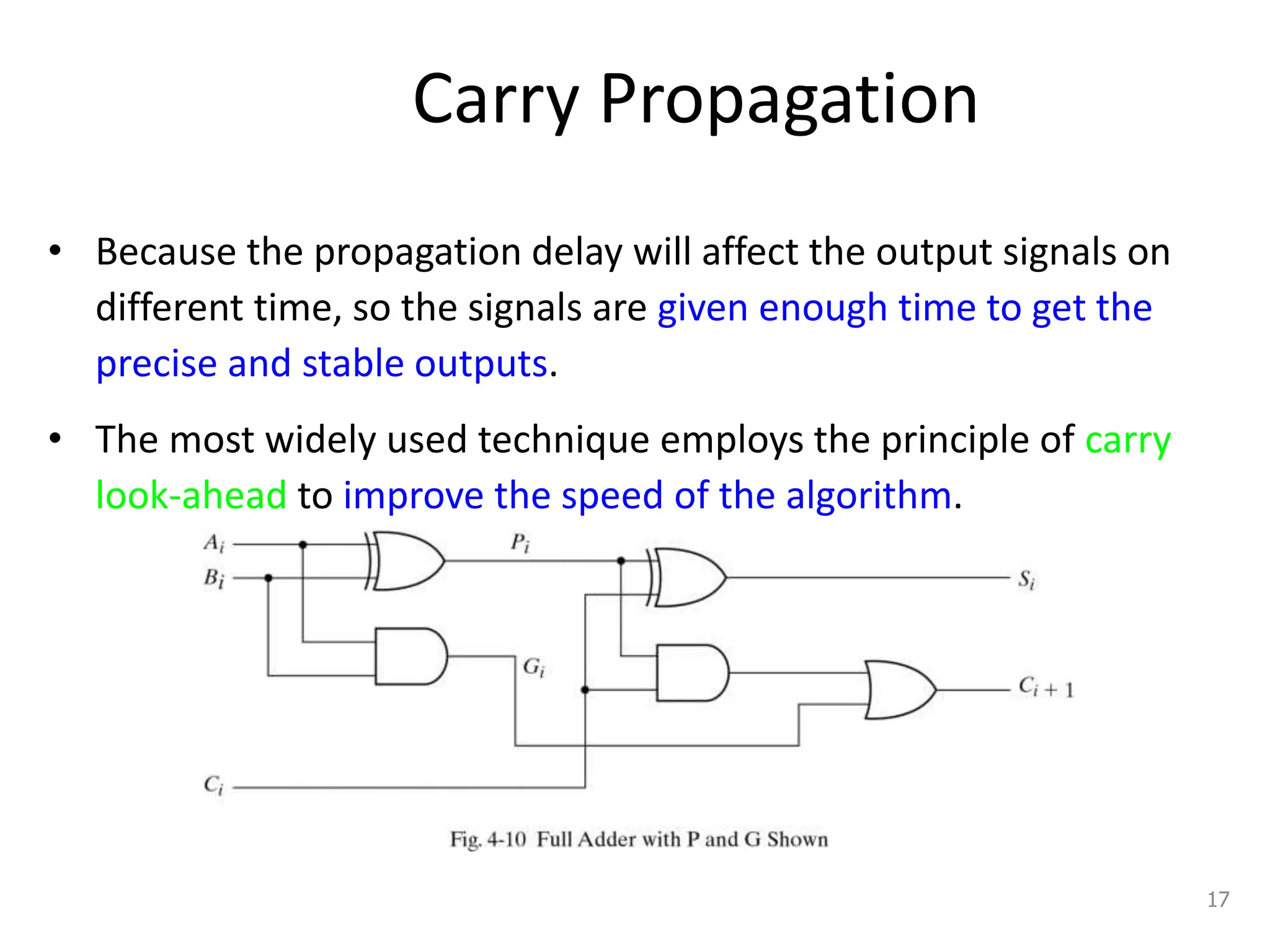 Carry Propagation
• Because the propagation delay will affect the output signals on
different time, so the signals are given enough time to get the
precise and stable outputs.
• The most widely used technique employs the principle of carry
look-ahead to improve the speed of the algorithm.
17
 