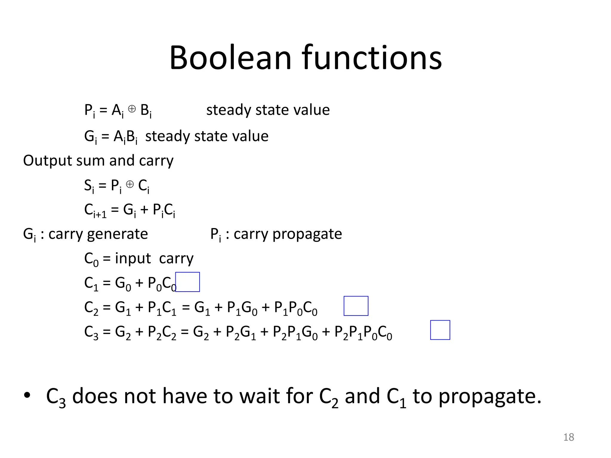 Boolean functions
Pi = Ai ⊕ Bi steady state value
Gi = AiBi steady state value
Output sum and carry
Si = Pi ⊕ Ci
Ci+1 = Gi + PiCi
Gi : carry generate Pi : carry propagate
C0 = input carry
C1 = G0 + P0C0
C2 = G1 + P1C1 = G1 + P1G0 + P1P0C0
C3 = G2 + P2C2 = G2 + P2G1 + P2P1G0 + P2P1P0C0
• C3 does not have to wait for C2 and C1 to propagate.
18
 