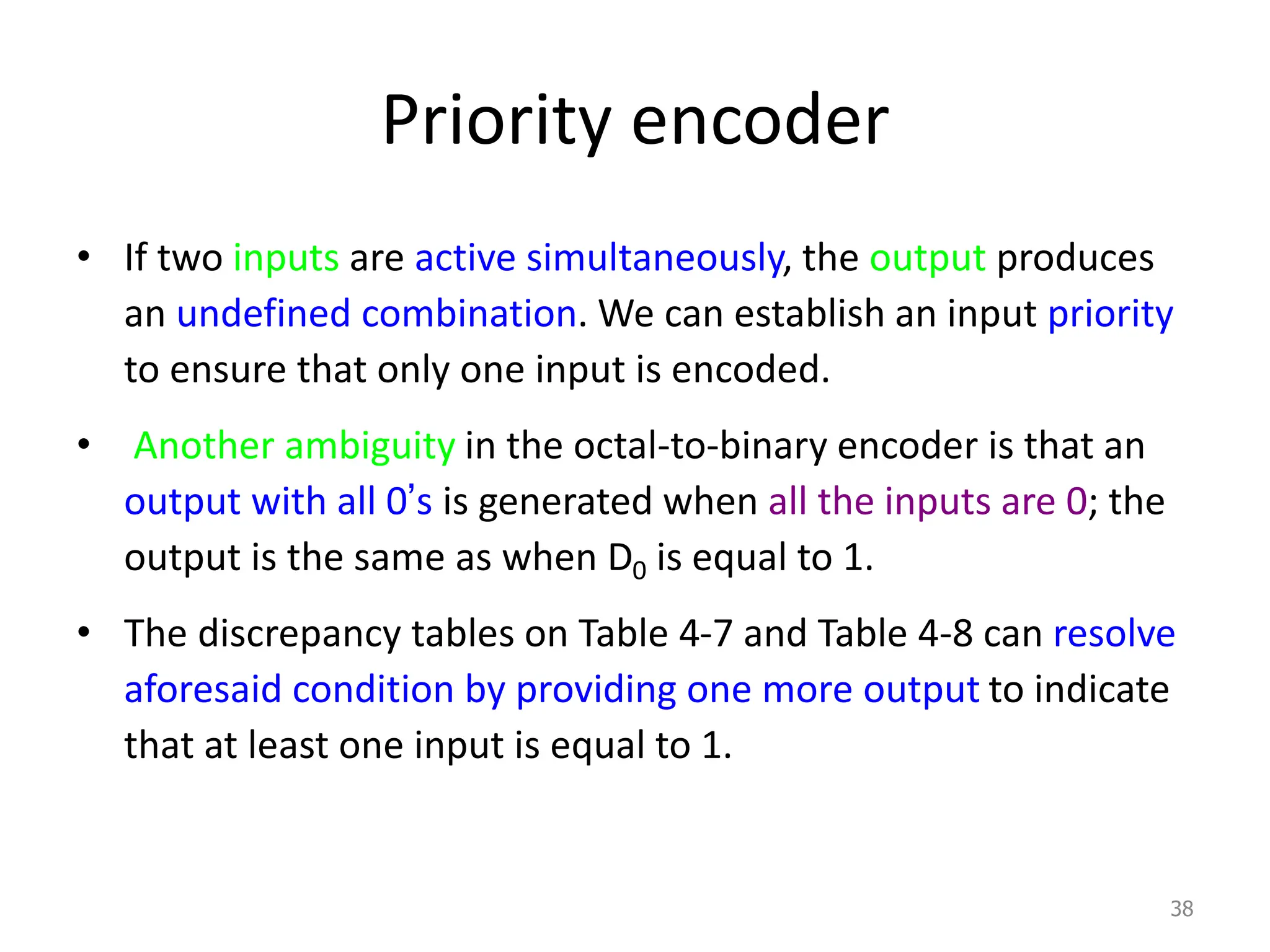 Priority encoder
• If two inputs are active simultaneously, the output produces
an undefined combination. We can establish an input priority
to ensure that only one input is encoded.
• Another ambiguity in the octal-to-binary encoder is that an
output with all 0’s is generated when all the inputs are 0; the
output is the same as when D0 is equal to 1.
• The discrepancy tables on Table 4-7 and Table 4-8 can resolve
aforesaid condition by providing one more output to indicate
that at least one input is equal to 1.
38
 