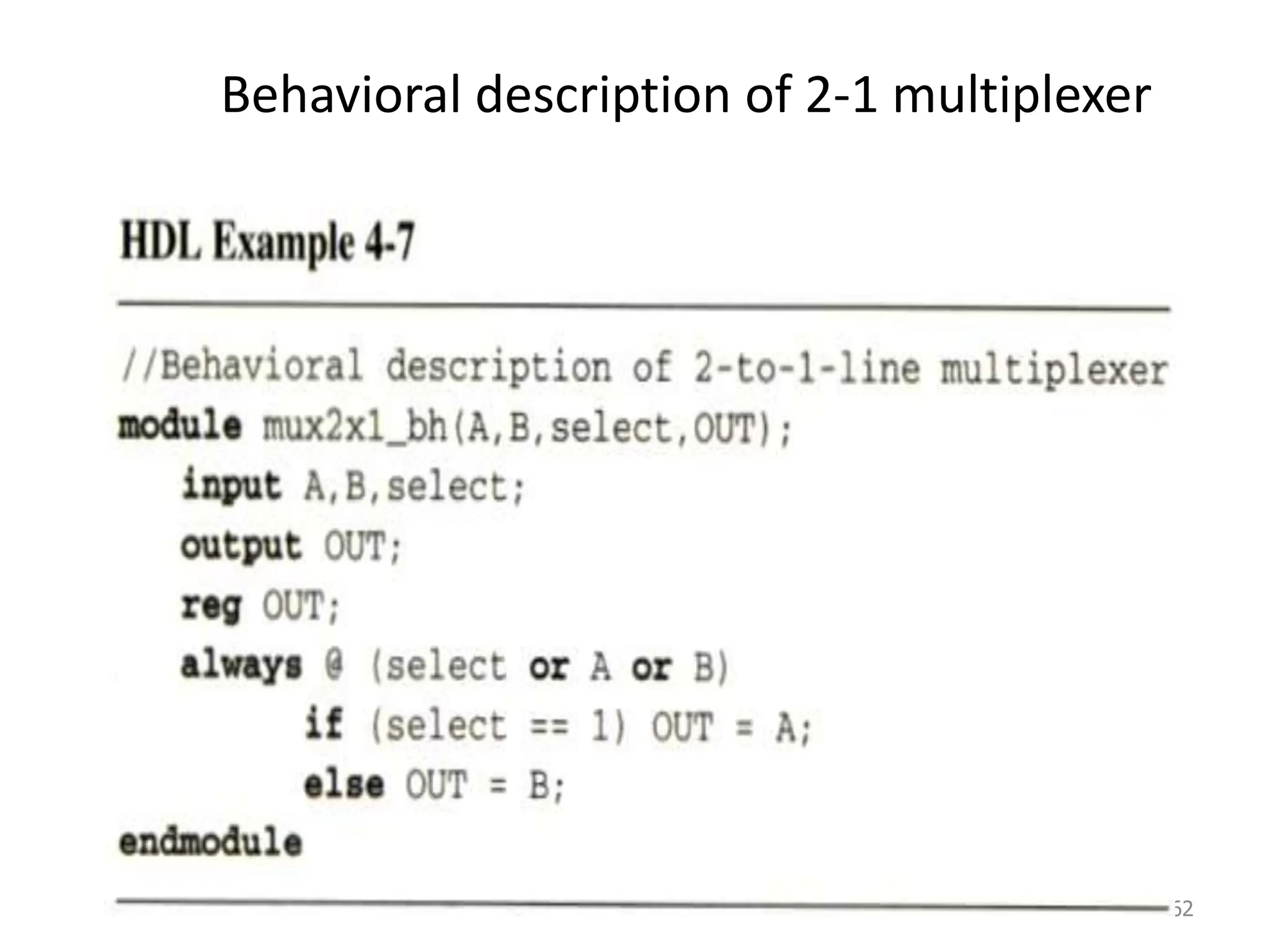 Behavioral description of 2-1 multiplexer
62
 