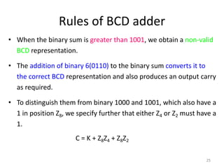 Rules of BCD adder
• When the binary sum is greater than 1001, we obtain a non-valid
BCD representation.
• The addition of binary 6(0110) to the binary sum converts it to
the correct BCD representation and also produces an output carry
as required.
• To distinguish them from binary 1000 and 1001, which also have a
1 in position Z8, we specify further that either Z4 or Z2 must have a
1.
C = K + Z8Z4 + Z8Z2
25
 