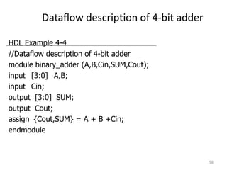 Dataflow description of 4-bit adder
58
HDL Example 4-4
//Dataflow description of 4-bit adder
module binary_adder (A,B,Cin,SUM,Cout);
input [3:0] A,B;
input Cin;
output [3:0] SUM;
output Cout;
assign {Cout,SUM} = A + B +Cin;
endmodule
 