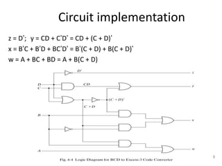 Circuit implementation
z = D’; y = CD + C’D’ = CD + (C + D)’
x = B’C + B’D + BC’D’ = B’(C + D) + B(C + D)’
w = A + BC + BD = A + B(C + D)
8
 