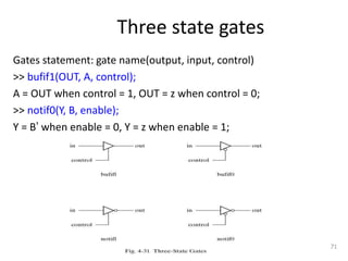 Three state gates
Gates statement: gate name(output, input, control)
>> bufif1(OUT, A, control);
A = OUT when control = 1, OUT = z when control = 0;
>> notif0(Y, B, enable);
Y = B’ when enable = 0, Y = z when enable = 1;
71
 