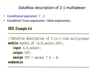 Dataflow description of 2-1 multiplexer
• Conditional operator( ? : )
• Condition? true-expression : false-expression;
77
 