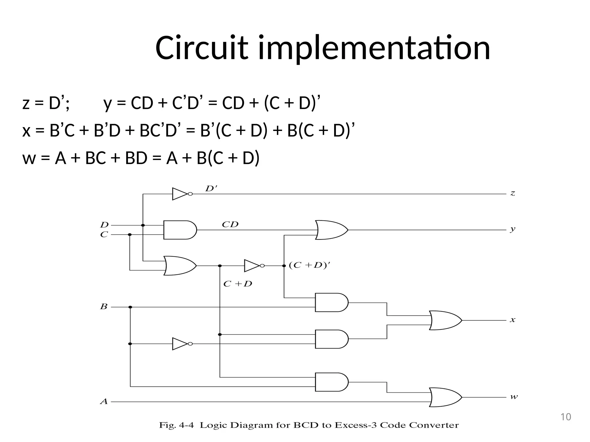 Circuit implementation
z = D’; y = CD + C’D’ = CD + (C + D)’
x = B’C + B’D + BC’D’ = B’(C + D) + B(C + D)’
w = A + BC + BD = A + B(C + D)
10
 