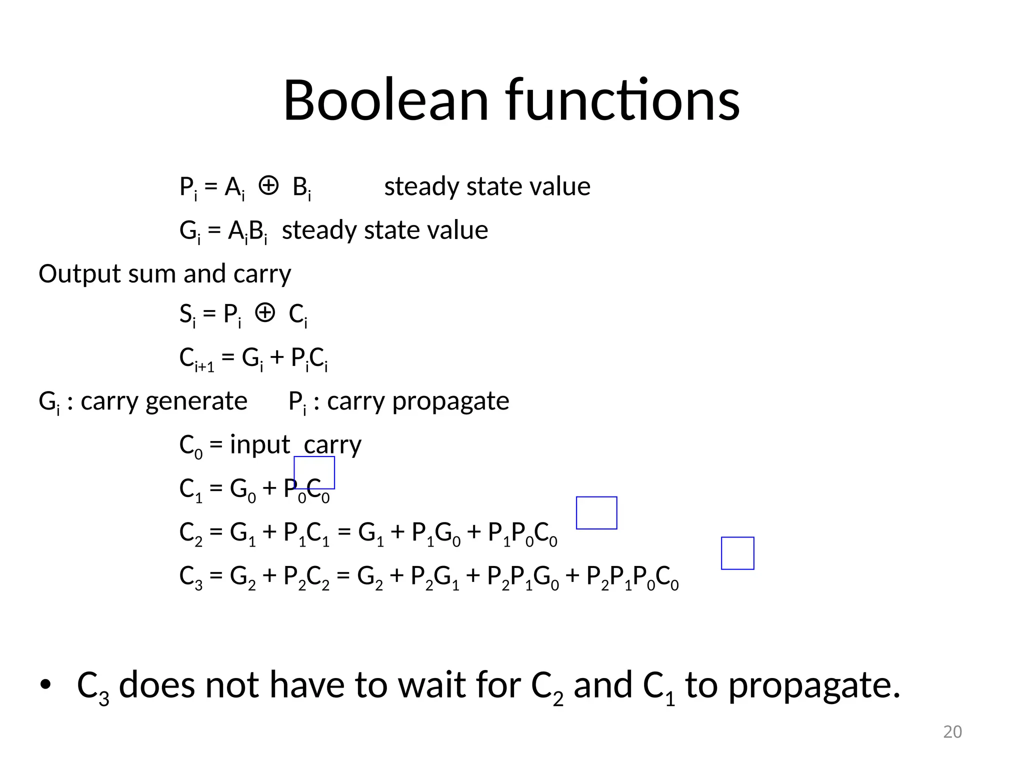 Boolean functions
Pi = Ai ⊕ Bi steady state value
Gi = AiBi steady state value
Output sum and carry
Si = Pi ⊕ Ci
Ci+1 = Gi + PiCi
Gi : carry generate Pi : carry propagate
C0 = input carry
C1 = G0 + P0C0
C2 = G1 + P1C1 = G1 + P1G0 + P1P0C0
C3 = G2 + P2C2 = G2 + P2G1 + P2P1G0 + P2P1P0C0
• C3 does not have to wait for C2 and C1 to propagate.
20
 
