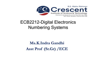 ECB2212-Digital Electronics
Numbering Systems
Ms.K.Indra Gandhi
Asst Prof (Sr.Gr) /ECE
 