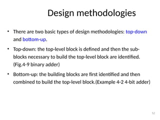 • There are two basic types of design methodologies: top-down
and bottom-up.
• Top-down: the top-level block is defined and then the sub-
blocks necessary to build the top-level block are identified.
(Fig.4-9 binary adder)
• Bottom-up: the building blocks are first identified and then
combined to build the top-level block.(Example 4-2 4-bit adder)
52
Design methodologies
 