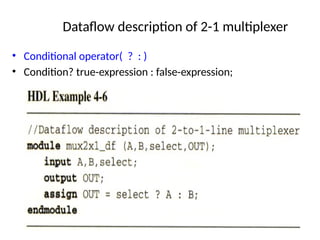 Dataflow description of 2-1 multiplexer
• Conditional operator( ? : )
• Condition? true-expression : false-expression;
62
 