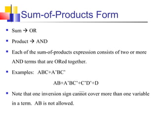 Sum-of-Products Form
 Sum  OR
 Product  AND
 Each of the sum-of-products expression consists of two or more
AND terms that are ORed together.
 Examples: ABC+A’BC’
AB+A’BC’+C’D’+D
 Note that one inversion sign cannot cover more than one variable
in a term. AB is not allowed.
 