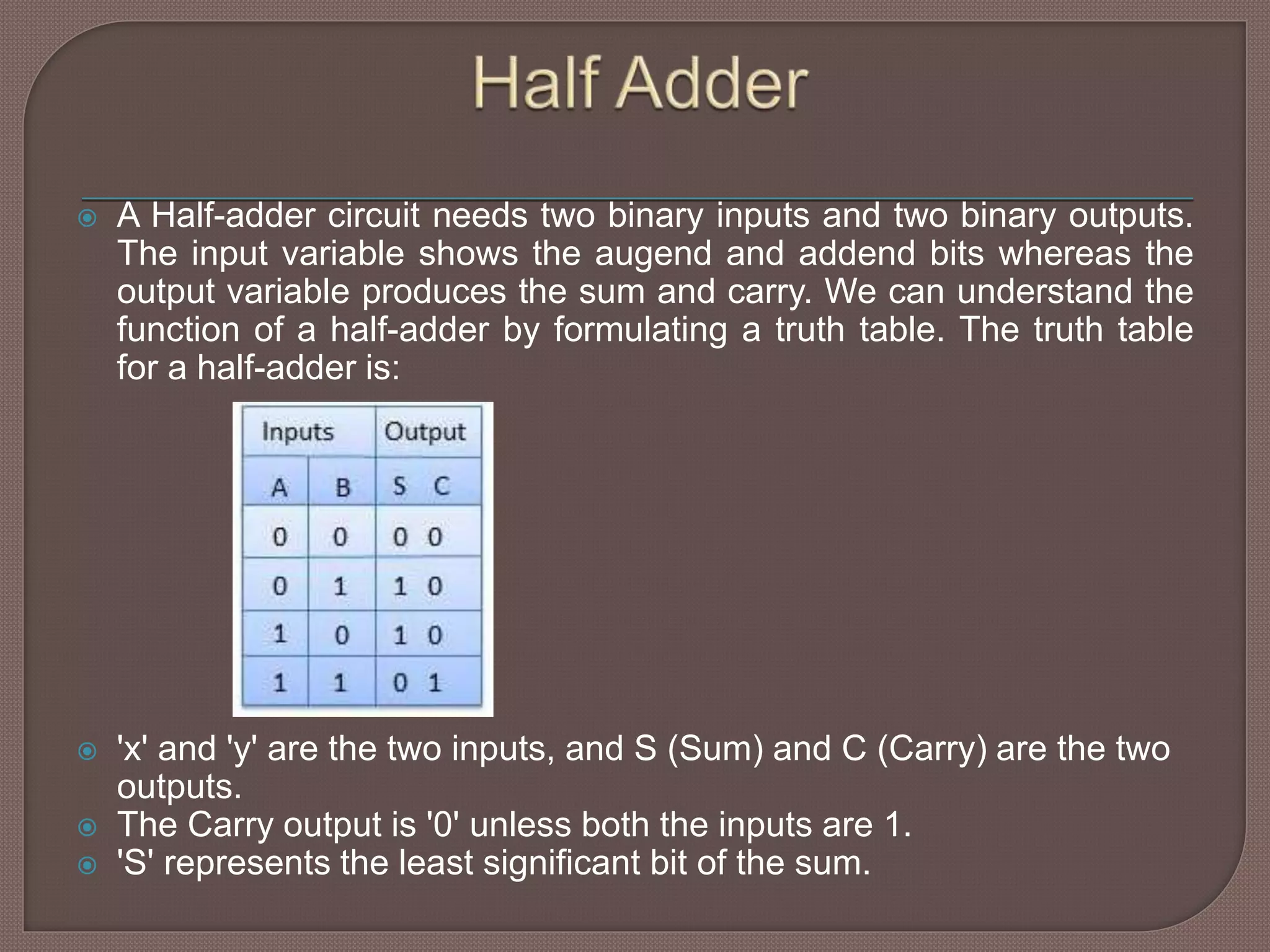  A Half-adder circuit needs two binary inputs and two binary outputs.
The input variable shows the augend and addend bits whereas the
output variable produces the sum and carry. We can understand the
function of a half-adder by formulating a truth table. The truth table
for a half-adder is:
 'x' and 'y' are the two inputs, and S (Sum) and C (Carry) are the two
outputs.
 The Carry output is '0' unless both the inputs are 1.
 'S' represents the least significant bit of the sum.
 