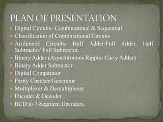  Digital Circuits- Combinational & Sequential
 Classification of Combinational Circuits
 Arithmetic Circuits- Half Adder/Full Adder, Half
Subtractor/ Full Subtractor.
 Binary Adder (Asynchronous Ripple- Carry Adder)
 Binary Adder Subtractor
 Digital Comparator
 Parity Checker/Generator
 Multiplexer & Demultiplexer
 Encoder & Decoder.
 BCD to 7-Segment Decoders.
 