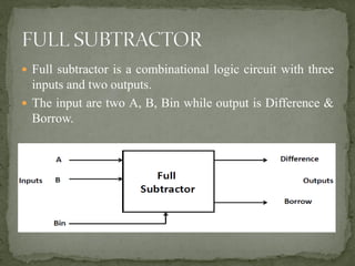  Full subtractor is a combinational logic circuit with three
inputs and two outputs.
 The input are two A, B, Bin while output is Difference &
Borrow.
 