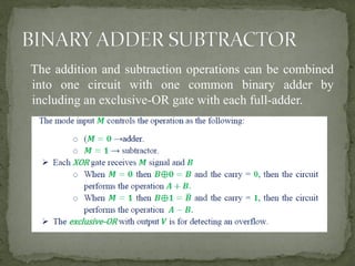 The addition and subtraction operations can be combined
into one circuit with one common binary adder by
including an exclusive-OR gate with each full-adder.
 