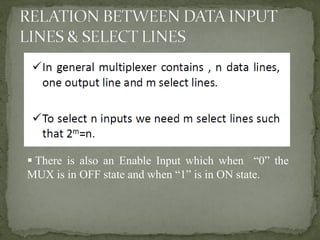 ▪ There is also an Enable Input which when “0” the
MUX is in OFF state and when “1” is in ON state.
 